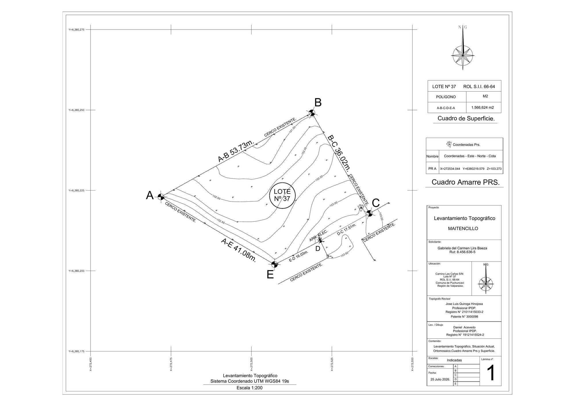 Plano topográfico en línea con deslindes, distancias y curvas de nivel