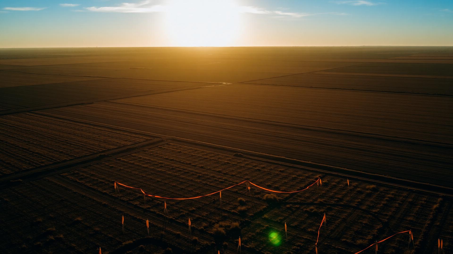 Vista aérea de un terreno con estacas de deslinde al atardecer